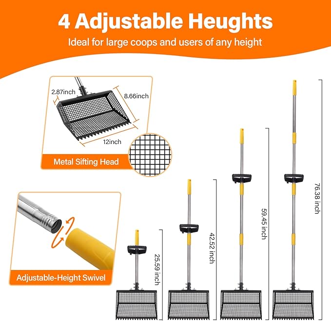 AsFrost 2-in-1 Chicken Poop Scooper & Rake,12" Heavy Duty Litter Scooper Sand Sifting Shovel for Chicken Coop & Pet Waste Cleaning, Adjustable 26" to 76" Stainless Steel Handle for Small Farm & Sand