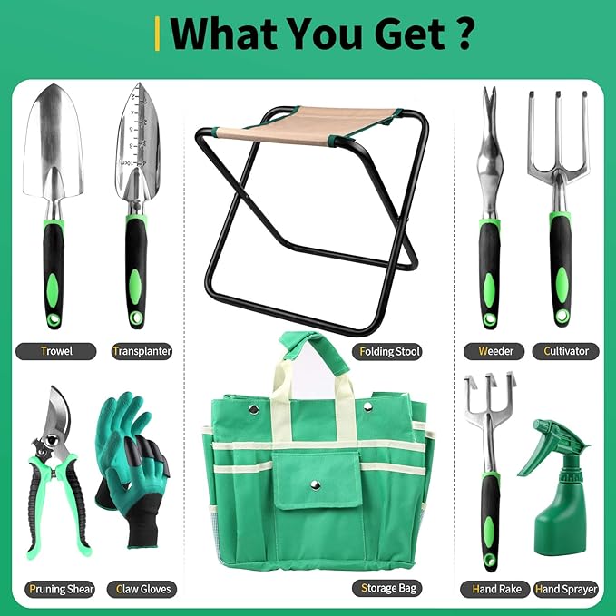 Kitness 9 PCS All-in-One Garden Tools Set, Heavy-Duty Cast-Aluminum Gardening Kit with Folding Stool Seat and Detachable Canvas Tool Bag, Durable Hand Tools Gift Set for Gardening Lovers