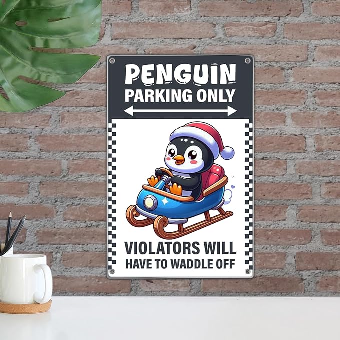 Penguin Parking Only Sign Metal 8 x 12 Inch Christmas Decor With Santa Hat Sled Design For Lovers Kids Room Winter Decoration Vintage Art Wall Home