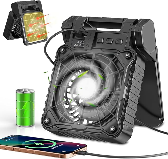 Solar Camping Fan 10400mAh, Solar Powered Fan with LED Lantern, 7W Rechargeable Battery Operated Fans for Outside, 4 Speeds, 2-8H Timer and Quiet Battery Powered Solar Tent Fans for Outdoor, Barbecue
