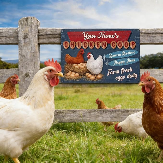 Custom Name Chicken Coop Sign Farm Fresh Eggs Daily Raucous Roosters Happy Hens Retro Tin Metal Plaque Country Farmhouse Wall Decor For Backyard Poultry Lovers