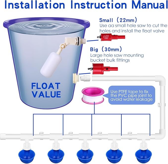 49 Pcs Automatic Chicken Waterer System Includes Chicken Water Cups 1/2" PVC Tee Fittings, PVC Pipes with Float Valve Controlled Fitting Poultry Waterer Chicken Water Feeder