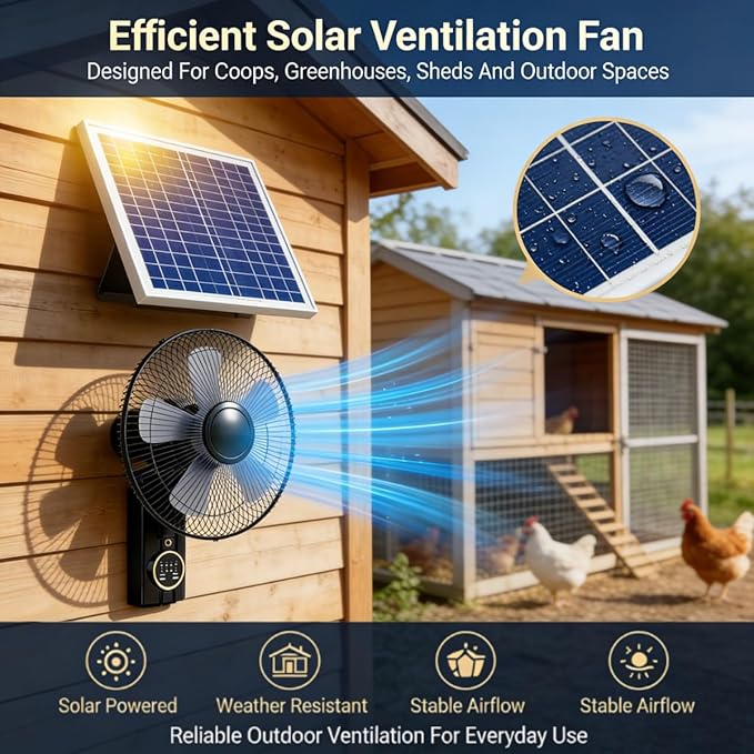 Solar Fan 16 Inch Wall Mounted Fan Indoor, Solar Fans for Outside, Solar Powered Fans With Remote Control, 5 Blades, 3 Speeds, Timer, Adjustable Tilt, Solar Panel, Power Adapter