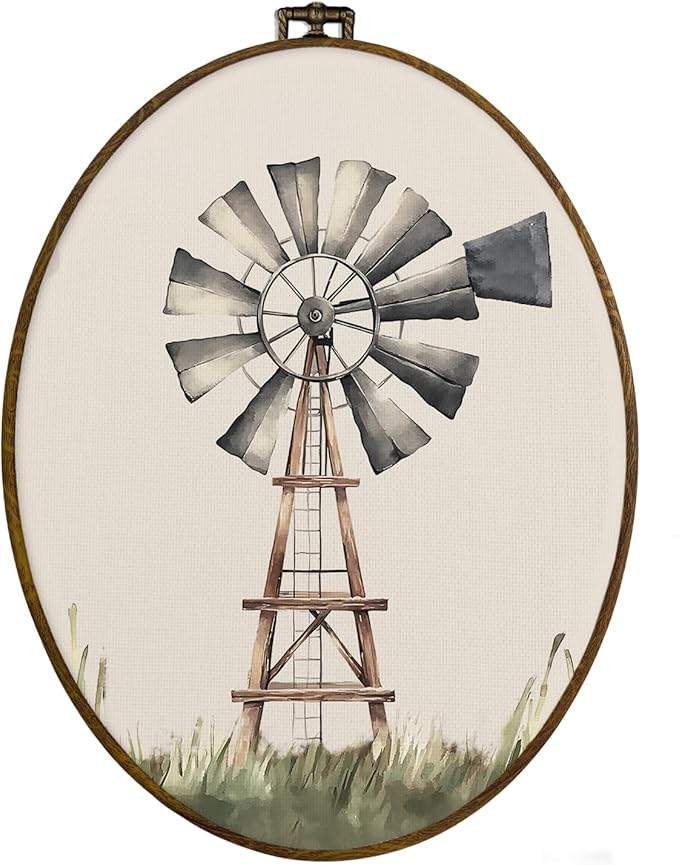 dvhdajed Vintage Cottagecore Windmill Oval Wall Art Decor,Retro Cottagecore Windmill Framed Canvas Art,Country Farm Windmills Oval Wall Hanging Decor for Nursery Bedroom Living Room，8.7x11.3 Inch