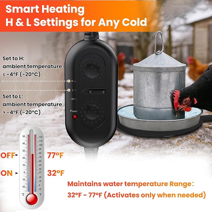 Heated Chicken Waterer, 6" Waterer with Heater 1–5 Gallon, Chicken Water Heater for Winter, Heated Base for Metal or Plastic Waterers