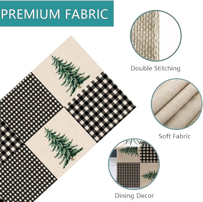 Seliem Black White Buffalo Plaid Check Table Runner, Pine Tree Winter Home Kitchen Decor, Christmas Seasonal Farmhouse Holiday Rustic Burlap Dining Decoration Housewarming Gift Party Supply 13X90