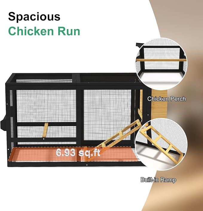 80'' Chicken Coop with Nesting Box, Outdoor Duck Coop, Chicken House for Outside, Wooden Chicken Coops with Run & Waterproof Asphalt Roof, Wheels, Removable Tray and Hanging Chicken Feeder