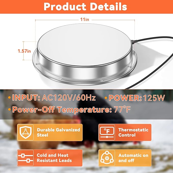Chicken Water Heater, Chicken Waterer Heated Base for Metal Poultry Founts, Chicken Drinker Heater for Winter (110 Watt 11in Grey)