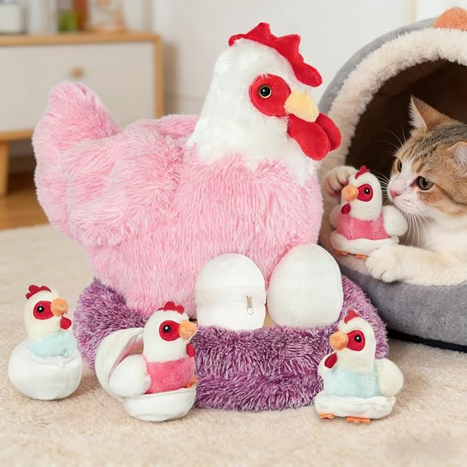 9 in 1 Chicken Stuffed Animal Set, Stuffed Chicken Plush Toy Zippered Egg Laying Hen with Baby Chicks Plush Chickens, Eggs and Coop Chicken Toys for Kids Girls Boys Birthday Easter Stuffers Gifts