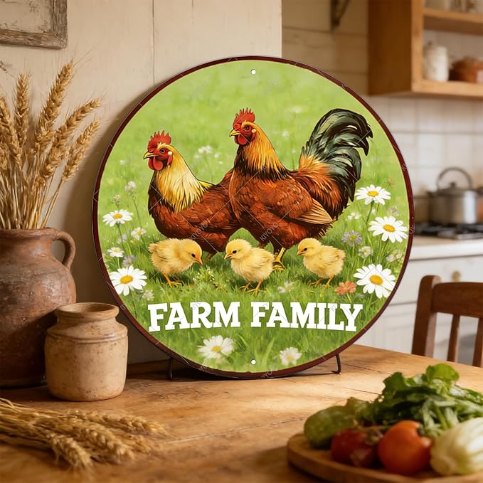 Round Vintage Chicken Metal Sign Farm Family Chicken Coop Sign Home Kitchen Coffee Wall Decor Art Poster 8 Inch