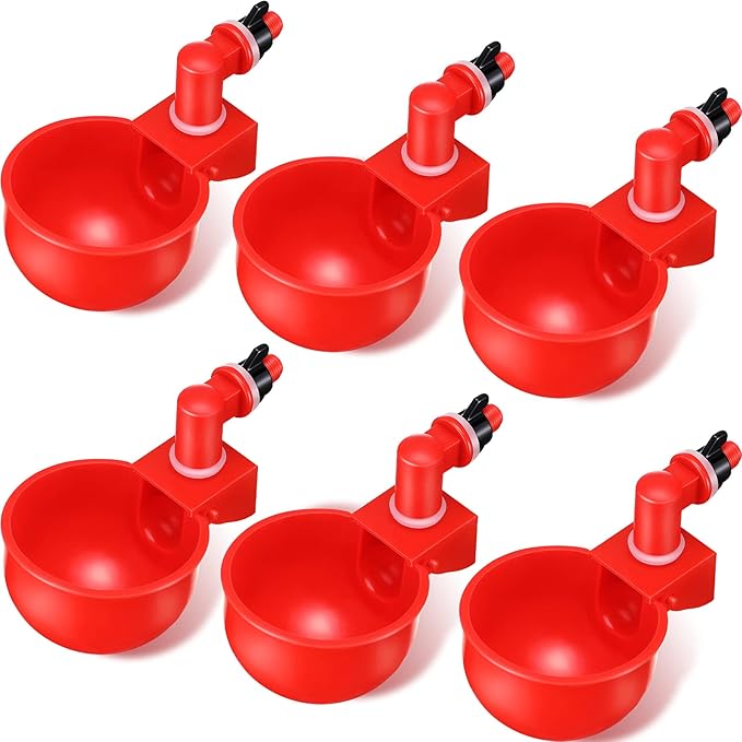 Patelai Chicken Water Cups, Chicken Waterer Cups Summer Water Feeder Cup 3/8 Inch Thread Automatic Filling Waterer Poultry Drinking Bowl for Duck Turkey Bunny(Red,6 Pieces)