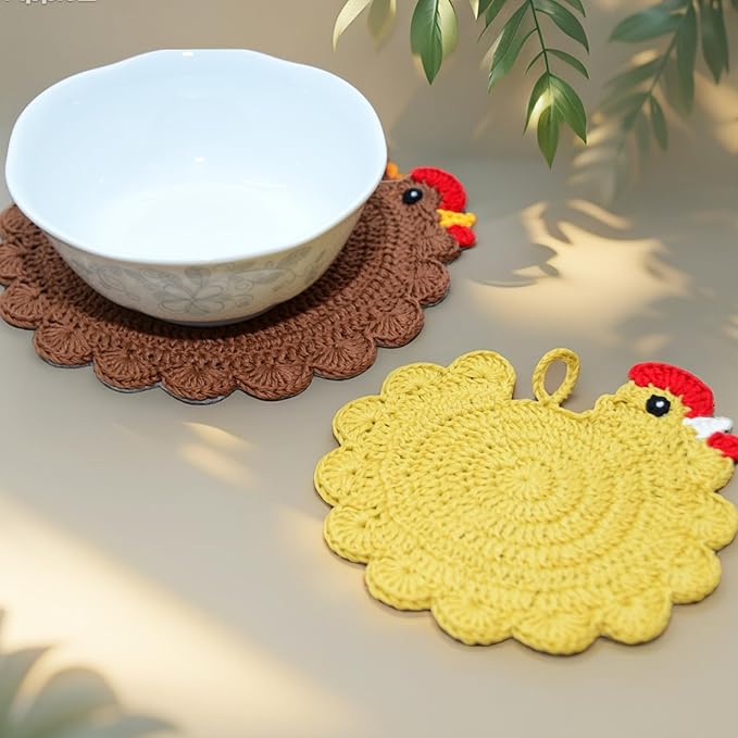 Handmade Crochet Chicken Trivets Set of 2, Chicken-Gifts, Valentine Gifts, Pot Holders, Heat Resistant Farmhouse Kitchen Home Decor, Cooking, Baking, Cute Desk Accessories, Tabletop Protection (2pcs)