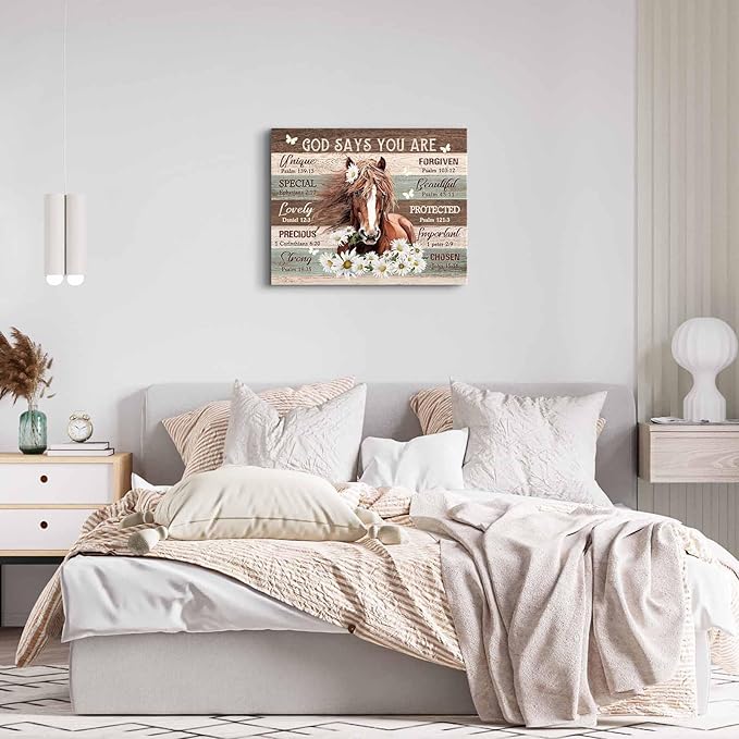 Motivational Horse Decor Wall Art For Girls Room Farmhouse Horse Daisy Wall Decor Western Bible Verse Animal Pictures Canvas Prints Painting Framed Modern Artwork For Bedroom Living Room 16"X20"