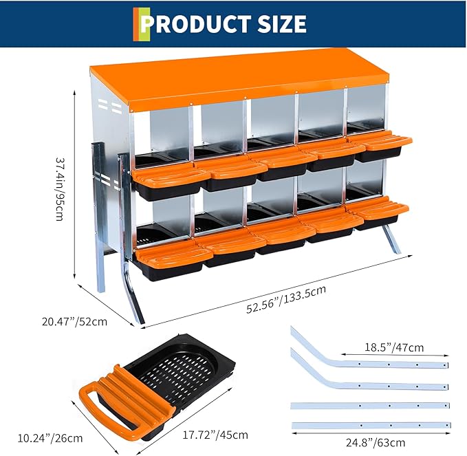 TricaLtkdp 2-Tier Chicken Nesting Boxes, Roll Away Eggs Laying Boxes, Cleanable Pull Our Hen Bird Duck Coop Roosting Box, with Leg, 10 Compartments, Orange
