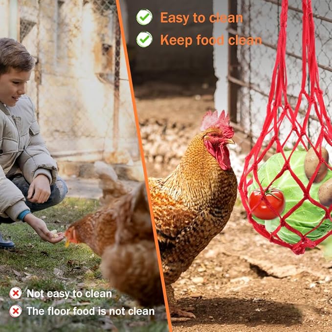 Balana 4pcs Chicken Vegetable String Bag Poultry Fruit Holder Chicken Cabbage Feeder Treat Feeding Tool with Hook for Poultry, Hens, Duck(Size:32g)