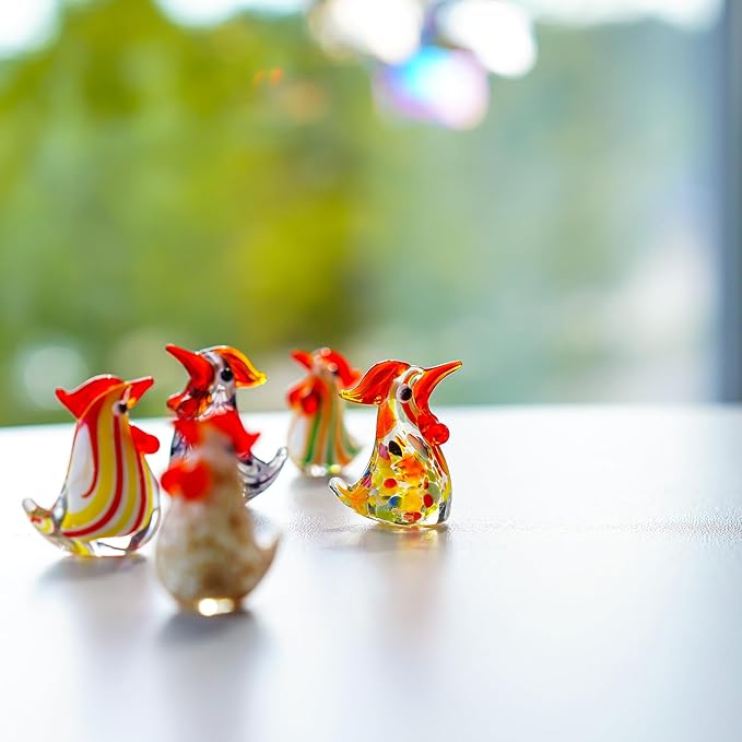 H&D HYALINE & DORA Set of 5 Blown Glass Rooster Figurines - Mini Collectible Art Glass Ornament Gift for Home Desktop Decor