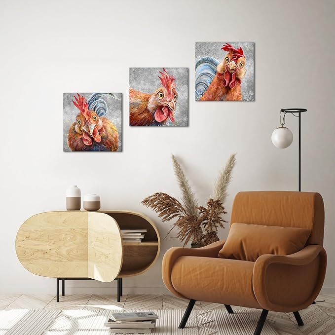 Apicoture Chicken Wall Art Farm Animal Chicken Pictures Kitchen Wall Decor Rooster Wall Art Canvas Prints Framed For Kitchen Dinning Room Living Room Decorations 12"x12"x3 Panels (Gray)