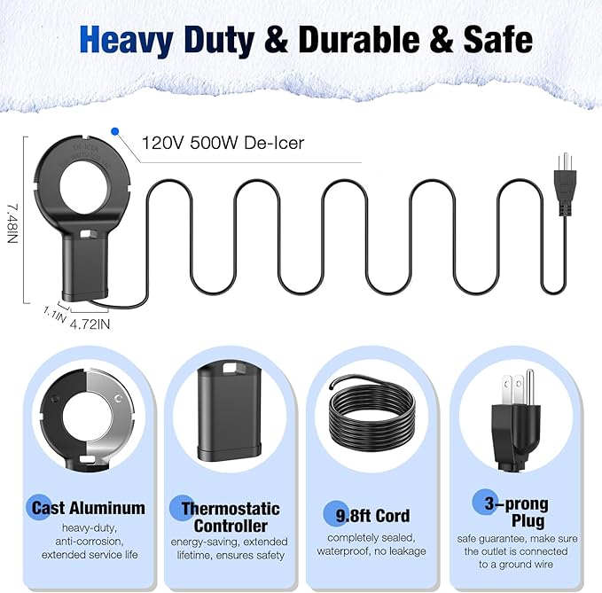 500W Utility De-Icer with Thermostat, Durable Cast Aluminum Submersible Water Heater for Bird Bath, Chicken Water, Livestock Tank, 9.8ft Cord, Black
