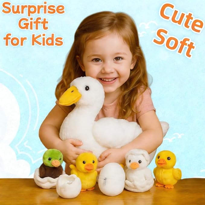 7 in 1 Duck Stuffed Animal Plush Duck Toys for Kids Toddler, 12" Mommy White Stuffed Duck Plush Toy with 4 Baby Ducks Ducklings Eggs Duck Plushie Pillow for Birthday Easter Stuffers Gifts Farm Party
