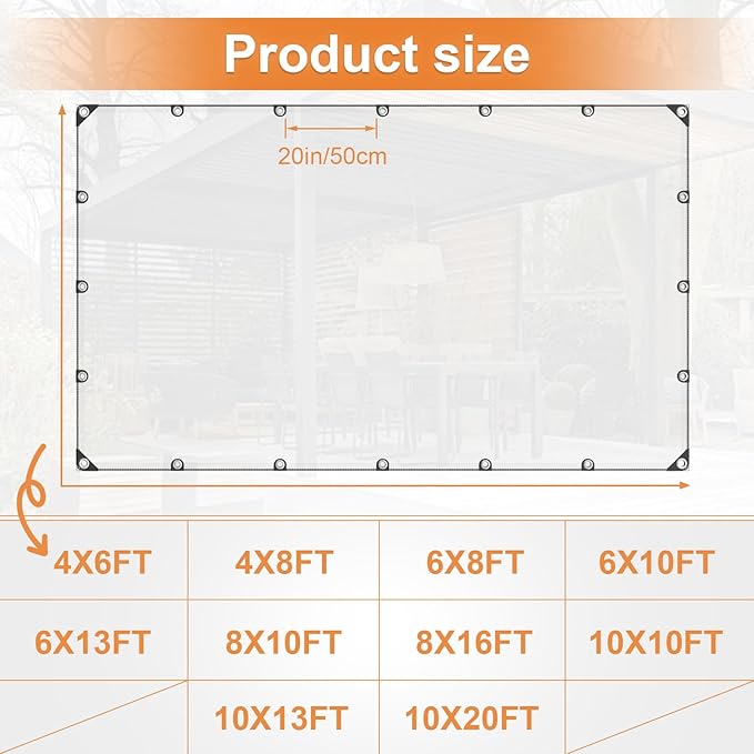 Clear Waterproof Tarp with Grommets, Multipurpose Transparent PVC Tarpaulin, Clear tarps Heavy Duty Waterproof, Tear-Resistant Rainproof Clear tarps for Garden Patio (Transparent, 7x6FT / 2.1x2m)