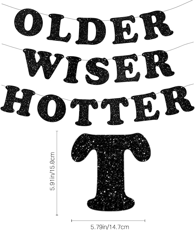 3pcs Pre-Strung Older Wiser Hotter Banner Funny Black Birthday Bunting Sign for Women Men 30th 40th 50th 60th 70th 80th Birthday Party Decorations