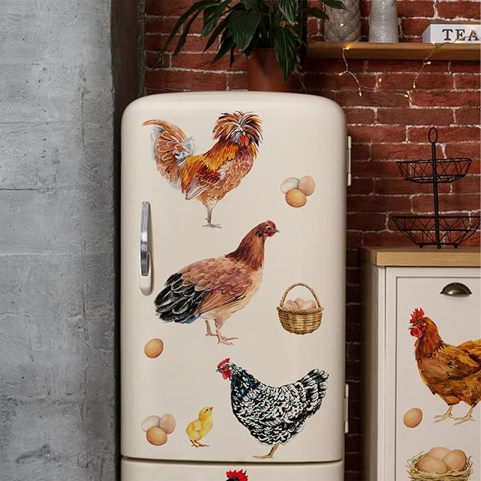 Mfault Farm Chicken Roosters Wall Decals Stickers, Farmhouse Dutch Bantam Rooster Cornish Hen Decorations Bedroom Art, Chicks Eggs Home Dining Room Kitchen Decor