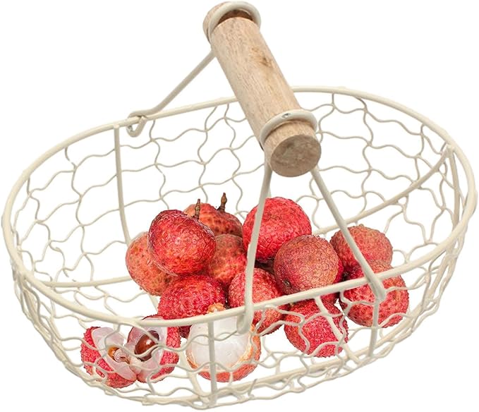 Eggs Collection Basket - Wire Bucket Carrier, Wooden Grip Container | Outdoor Gathering Holder Farmhouse Picnic Storage Organizer Tool, Reusable Camping Basket for Collecting Eggs