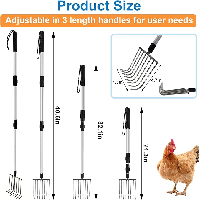 succulentlovers 2 Pack Chicken Poop Scooper & Chicken Coop Rake - Retractable Chicken Scoop 3 In 1 Sifting Shovel Detachable Chicken Coop Cleaning Tools for Chicken Coop Cleaning Supplies