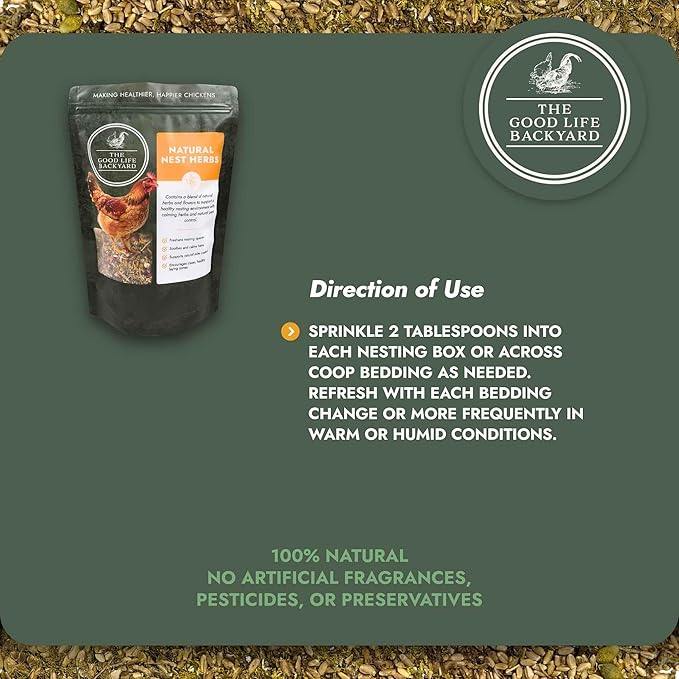 Good Life Backyard Natural Nest Herbs for Chickens – Herbal Nesting Box & Coop Bedding Blend for Freshness and Comfort (9 oz Resealable Pouch) | Hatching Time
