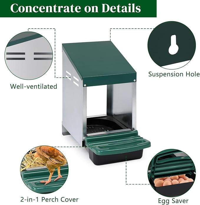 Single Compartment Chicken Nesting Box with Plastic Basket, Perch Cover for Hen, Egg Nest Box Chicken Laying Box Hens with Swing Perch and Roll Out Egg Collection for Chicken Coop