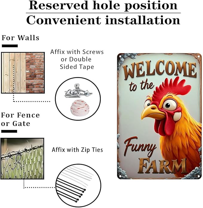 FunnySign Chicken Gifts Rooster Décor Welcome To The Funny Farm Rustic Tin Sign For Home Farm Chicken Coop Decor 8x12 Inch (9708)