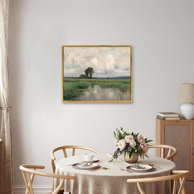 Farmhouse River Artwork Vintage Landscape Framed Pictures Nature Wilderness Wall Art Rustic Landscape Painting Wilderness Green Poster Farmhouse Scenery Picture Countryside Canvas Wall Art 8x10in Framed