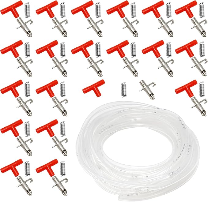 20pcs Rabbit Drinking Fountain, Automatic Rabbit Watering System Kit (10m Length 8MM Transparent Hose, Water Nipples Drinker, Feeders Spring Latches)