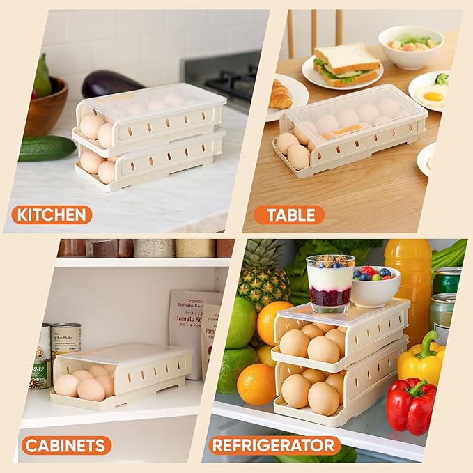 Automatic Rolling Egg Holder for Refrigerator, 2-Pack Stackable Egg Storage Containers, Smooth Glide Track, Steady Base & Dishwasher Safe