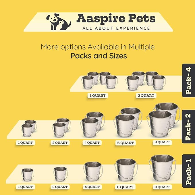4 Quart Heavy Duty Stainless Steel Round Bucket with Handle | Fits Kennel Cage Critter Crates Farm use | Food & Water Pail for Dogs Cats Goat Pets | Livestock Multipurpose, Pack of 2