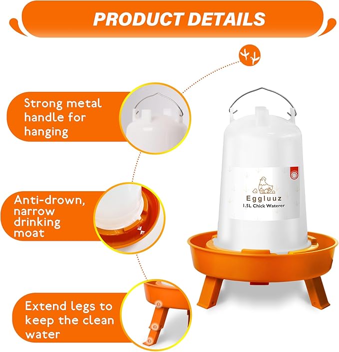 Chick Feeder and Waterer Kit Automatic Chicken Feeder and Waterer Set, 1L Chick Feeder and 1.5L Chick Waterer with 3 Heights Adjustable Legs
