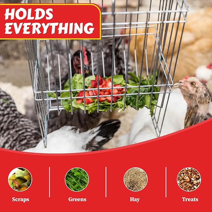My Favorite Chicken Metal Rack Basket for Chicken Scraps – Hanging or Standing Poultry Feeder for Vegetables, Treats & Hay, Wire Hanging Basket for Chicken Coop, & Small Animals