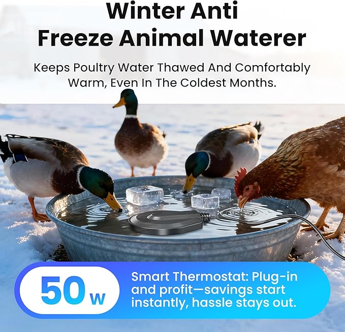 50 Watt Bird Bath De-Icer with Thermostat, Cast Aluminum Submersible Chicken Water Heater, Pond De-Icer, Heated Bird Bath