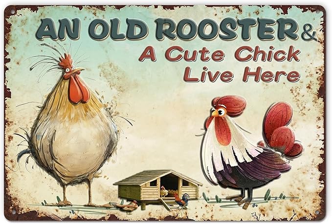 Funny Chicken Metal Sign Outdoor, Aluminum Farmhouse Wall Decor for Coop Door or Yard Area, Fluffy Humor Country Living Style, Rustic 8x12 Inch Gift