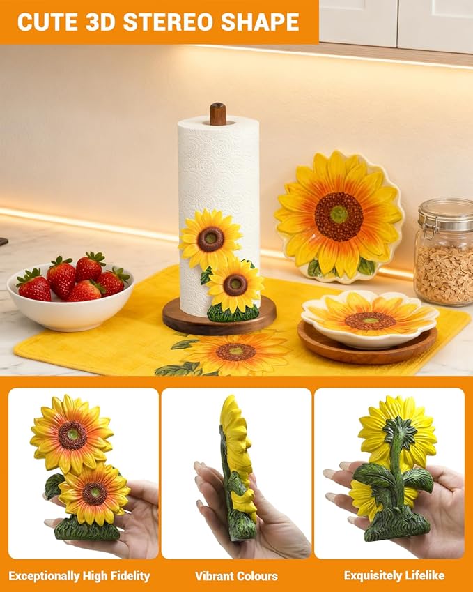 Sunflower Paper Towel Holder - Sunflower Decor for Kitchen Farmhouse Bathroom Counter - Gifts for Women Mom Grandma - 3D Vintage Yellow Stuff Decorative Accessories