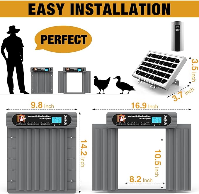 Automatic Chicken Coop Door, Extra Large Size, Anti-Pinch Design,Programmable Timer & Light Sensor Modes, Large LCD Display, Solar Powered Auto Chicken Door Opener with Remote Control (50m)