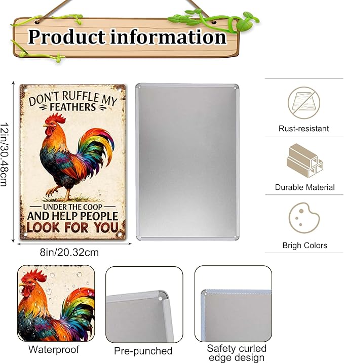 Funny Chicken Metal Decor Signs Rooster Decor Tin Sign for Farm Kitchen Garden Home, Chicken Gifts for Chicken Lovers, Chicken Coop Signs, Chicken Decor, 12x8 Inch