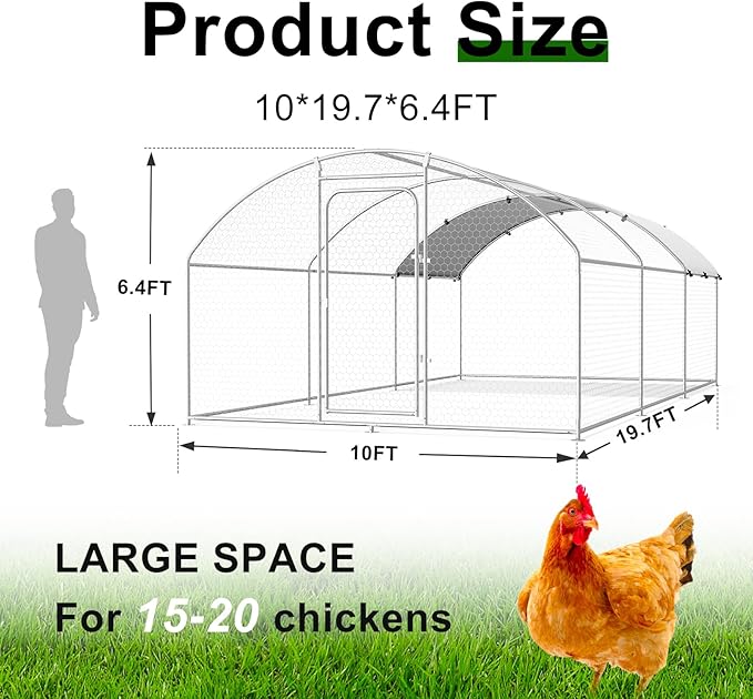 Large Metal Chicken Coop Walk-in Poultry Cage with Waterproof and UV-Resistant Cover, Outdoor Chicken Run Poultry Hen House for Backyard Farm Use,Dome Roof(10’ W x 19.7’ L x 6.4’ H)