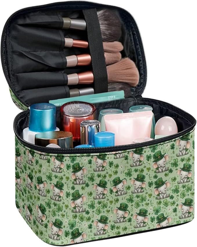 Travel Makeup Bags for Women Portable Tote Cosmetic Case with Carry Handle Toiletry Accessories Storage Organizer Bags for St. Ptrick's Day, Cute Elephant Shamrock