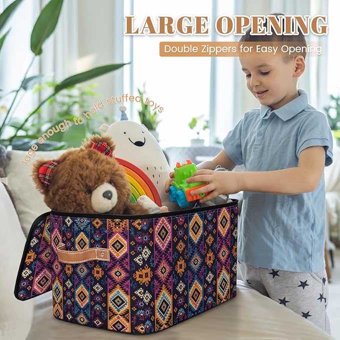 Boho Bohemia Style Storage Bins with Zipper Lid Fabric Storage Containers for Clothes Collapsible Closet Storage Basket with Metal Frame 1 Pack