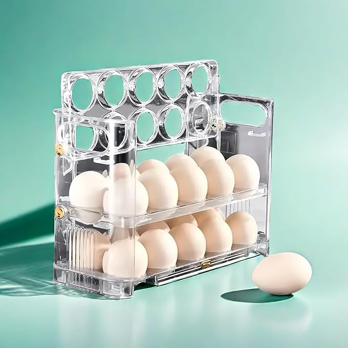 Auto-Flip egg storage for refrigerator，side fridge storage rack egg tray for refrigerator，Eggs Holder Countertop with Timers, Space-Saving Eggs Dispenser for Refrigerator, 30 Eggs Container for