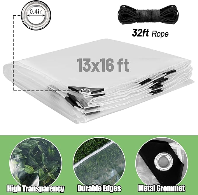 13x16ft Anti-Tear Clear Tarp Waterproof for Patio Winterizing - 5 mil Snowproof & Windproof Clear Plastic Tarps with Grommets for Garden Enclosure Chicken Coop