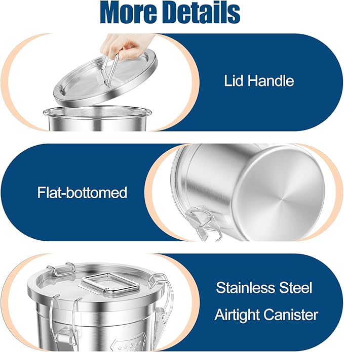 8.72Gal/33L Stainless Steel Airtight Canister, 304 Stainless Steel Airtight Food Storage Container with Lid and Lock Clips, Large Metal Storage Canister for Coffee Beans, Flour, Tea, Sugar, Cereals
