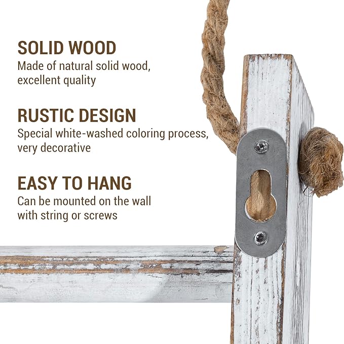 MyGift Rustic Hand Towel Holder, Whitewashed Solid Wood Farmhouse Bathroom Decor, Small Blanket Ladder for Home Decor, Wall Mounted Towel Rack for Shabby Chic Decor