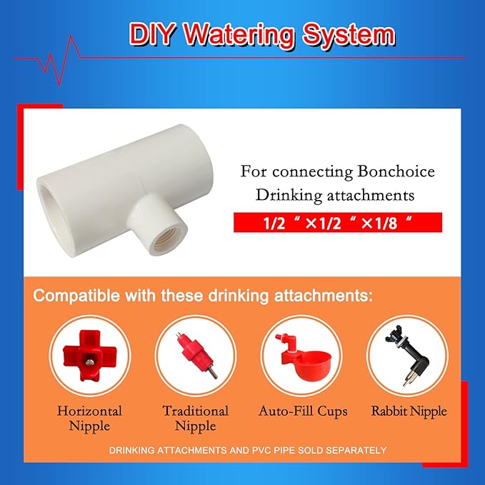 Chicken Waterer PVC Tee Fittings 1/8 FTP Threads for 1/2 Plastic Pipe Schedule 40 for Poultry Automatic Watering Nipples Auto-Fill Water Cups (10pcs, 1/8x1/2x1/2 PVC)